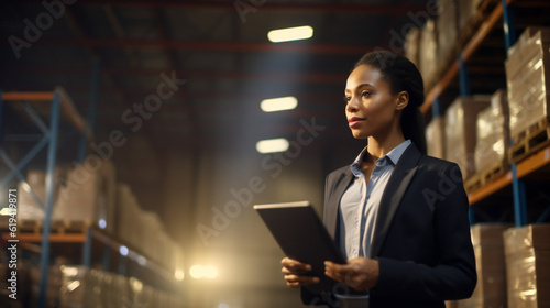 Woman in Warehouse with Tablet