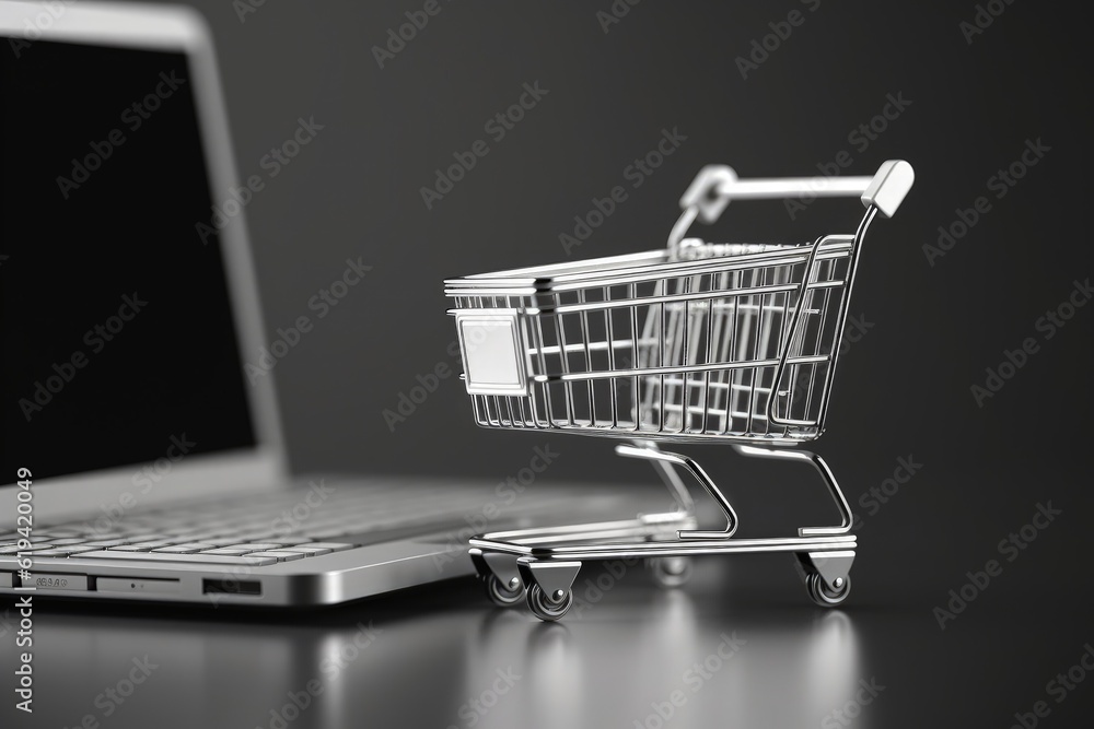 Illustration of shopping cart and laptop, online stores concept, background. Generative AI	