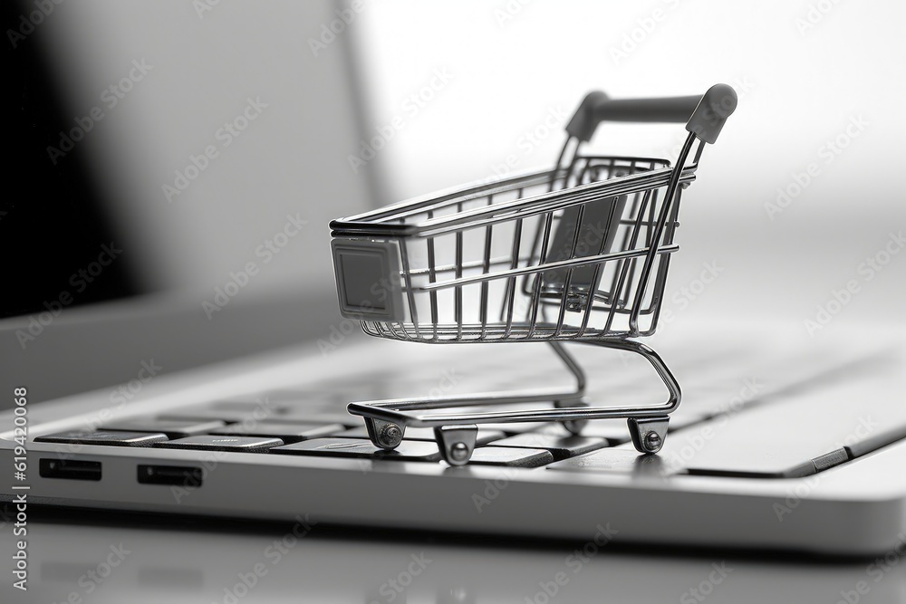 Illustration of shopping cart and laptop, online stores concept, background. Generative AI	