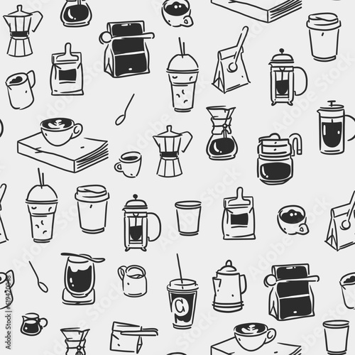 Hand drawn doodle coffee tools seamless pattern.Trending vector doodle illustrations for coffee shop and restaurant menu.Hand drawn coffee shop design concept and coffee break icons.Menu line art.