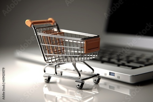 Illustration of shopping cart and laptop, online stores concept, background. Generative AI 