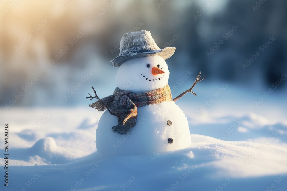 Snowman in hat and scarf, christmas concept, bokeh background. Generative AI