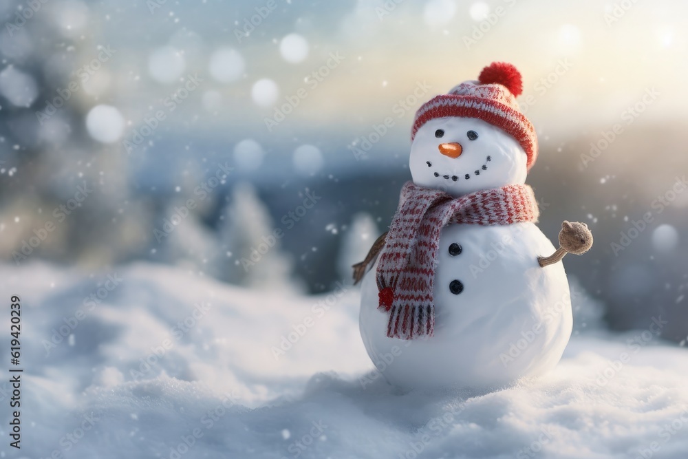 Snowman in hat and scarf, christmas concept, bokeh background. Generative AI