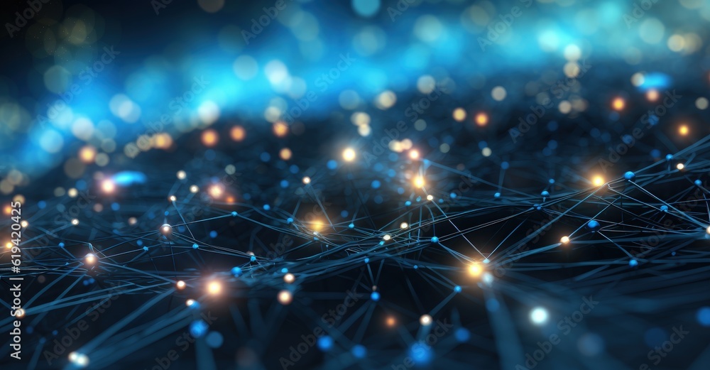 Fototapeta premium Blue background with luminous connections, network concept, digital illustration. Generative AI