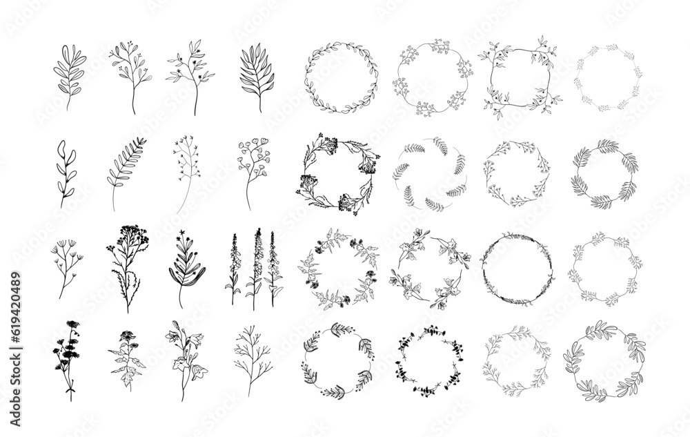 Fototapeta premium Doodle botanical circle frame. Hand drawn round line border, leaves and flowers, wedding invitation and cards, logo design and posters template.