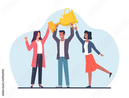 Concept of teamwork success, men and women celebrating victory with gold cup in hands. People celebrating victory in competition. Success business team vector cartoon flat isolated illustration