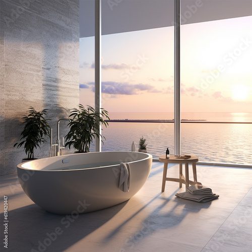 Luxurious bathroom with a wide window, sea view, trendy interior at sunset ge...
