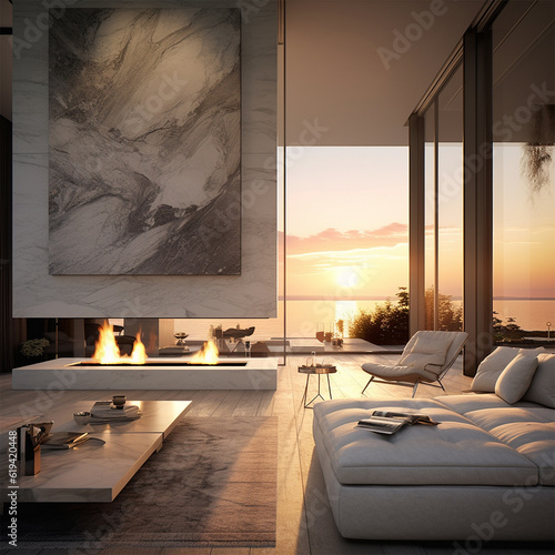 Luxury living room at sunset, modern relaxed style, with chimney fire, marble...