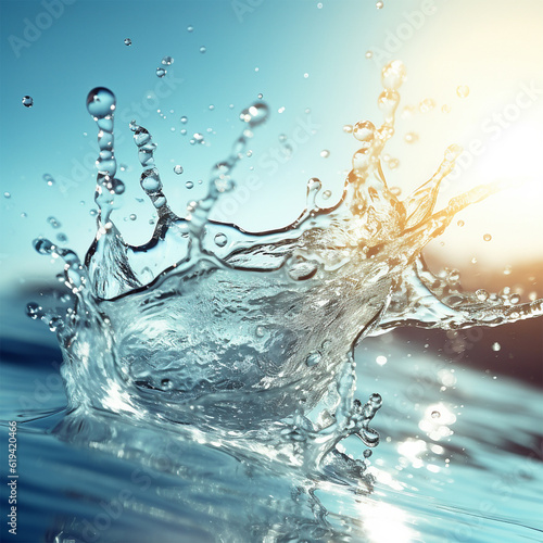 Water splash with blue sky and  sun light, water drops