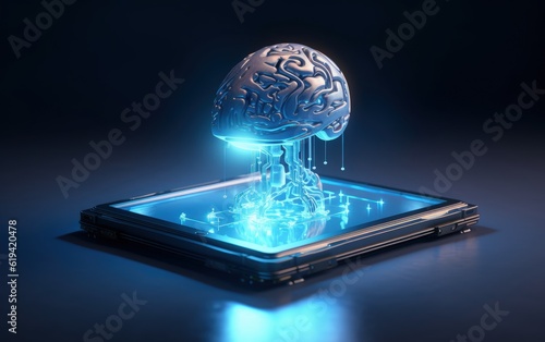 Brain connected to electronic device, technology and AI concept. Generative AI