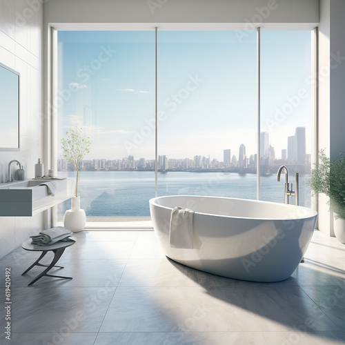 Luxurious bathroom with a wide window, sea view, trendy interior generated by AI