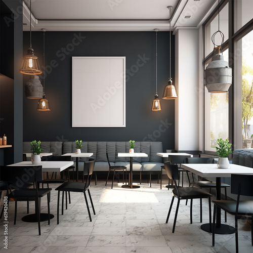 Interior design of a cafe with large windows, modern style, gray colors gener...