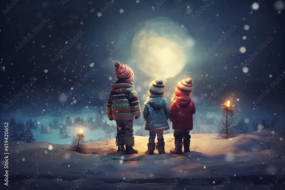 Children looking at the moon on Christmas night. Generative AI Children looking at the moon on Christmas night. Generative AI