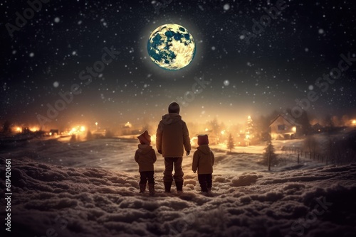 Children looking at the moon on Christmas night. Generative AI