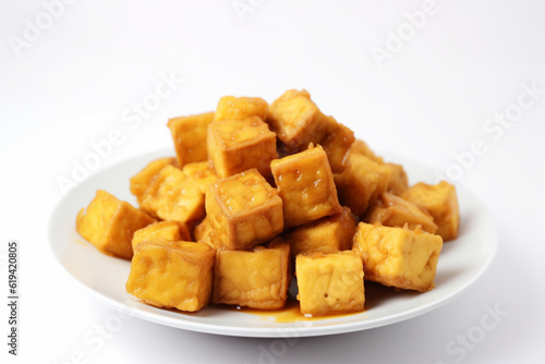 a plate of fried tofu on a white background