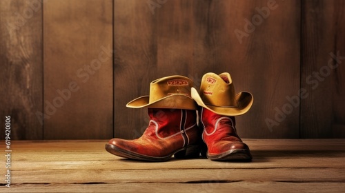 Cowboy hat and boots, wooden background, digital illustration. Generative AI