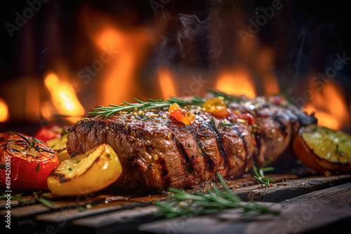 Close up auf ein gegrilltes Steaks und gegrilltes Gemüse auf einem Holzbrett. Im Hintergrund verschwommen Flammen. photo