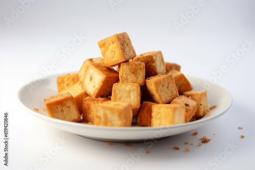 a plate of fried tofu on a white background