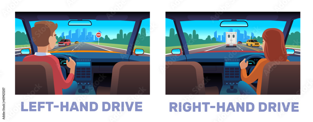 Differences between right handed and left handed driving. Man and woman riding on road, automobile interior, character back view. Driver in car cartoon flat style isolated vector concept