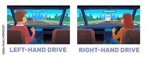 Differences between right handed and left handed driving. Man and woman riding on road, automobile interior, character back view. Driver in car cartoon flat style isolated vector concept