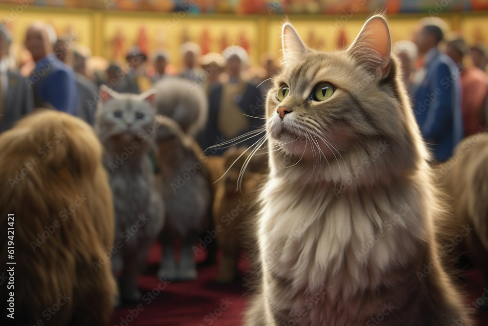 A wellgroomed show cat being admired by a judge in a cat show