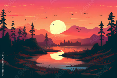 landscape sunset vector Made with Generative AI © Ky