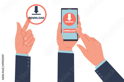 Hands press download button on smartphone screen to downloading information from Internet. Mobile application. Save file to personal phone. Cartoon flat isolated illustration. Vector concept
