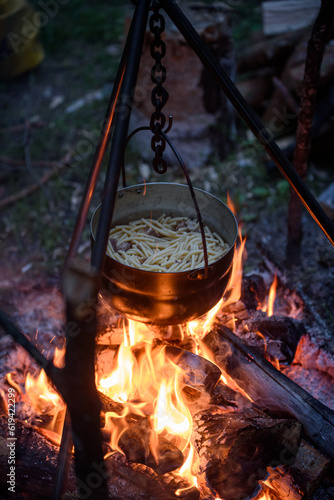 dinner on a fire in the woods