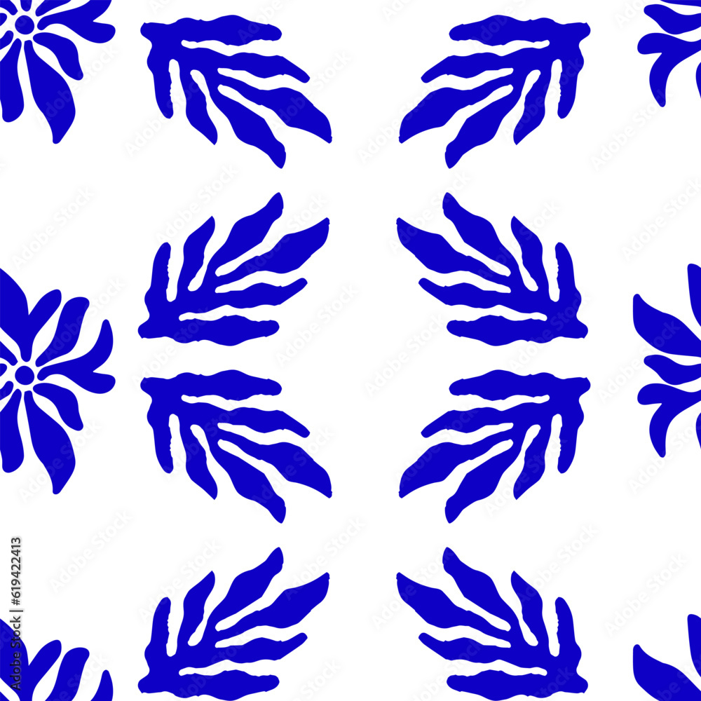 Blue Matisse plants seamless pattern. Minimal abstract floral print for wallpaper, textile, packaging