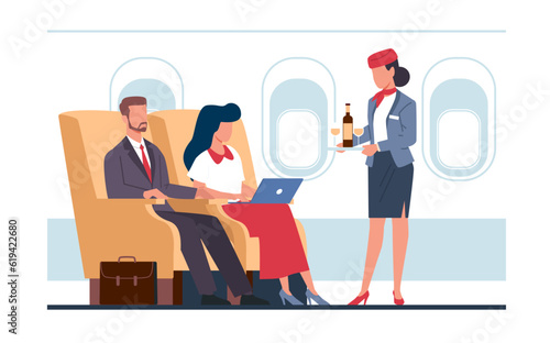 Man in suit and businesswoman are flying on plane in business class. light attendant serving drinks to passengers on board. Stewardess in uniform cartoon flat isolated vector concept