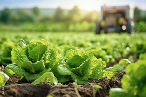 Close Up auf ein Feld mit grünen Salatköpfen. Unscharf im Hintergrund ein Traktor.