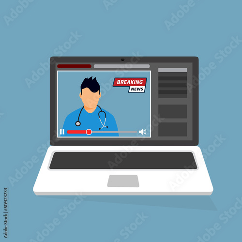 Streaming video online breaking news sul concetto di laptop nel vettore di illustrazione dei cartoni animati - illustrazioni MEDICO UOMO photo