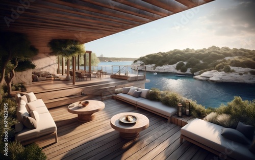 Breathtaking Sea Lagoon View from a Luxurious Terrace. Generative AI