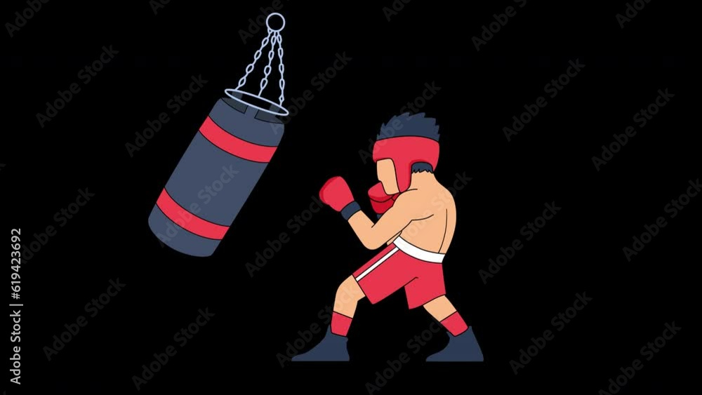 Red boxer practicing with punching bag. animation video Red boxer practicing with punching bag. animation video