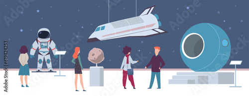 Planetarium. Space exhibition. Visitors men and women in astronomy museum on excursion, spacecraft and rocket sculpture, astronaut suit and cosmic shuttle. Cartoon flat isolated illustration