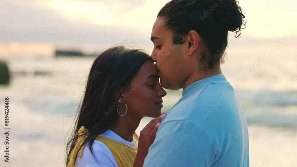 Travel, hug and couple with love, beach and relationship on holiday, commitment and romantic gesture. Romance, man and woman embrace, seaside and marriage with quality time, date and summer together