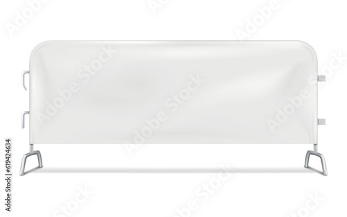 Blank white barricade advertising graphic cover on metal frame with hooks vector mockup. Interlocking crowd control barrier with banner realistic mock-up. Template for design