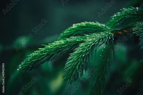 A sprig of young spruce in dew drops close-up  coniferous pure aroma. High quality photo
