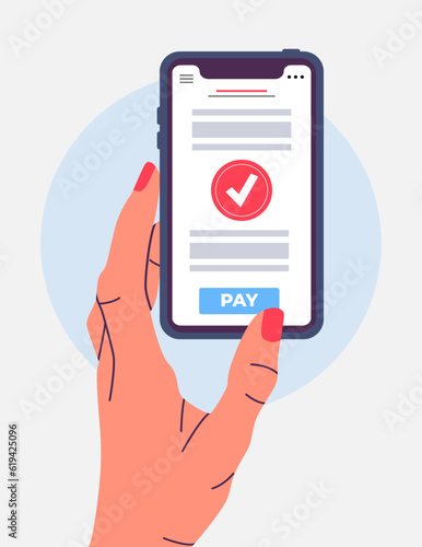 Payment done vertical template for social media. Hand holding phone with shopping page. Modern hand drawn flat illustration. Sale poster for web and print. Discount and special offer concept