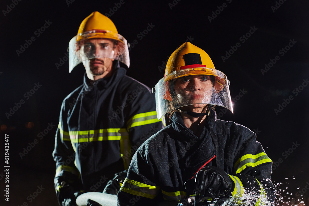 Fototapeta premium Firefighters using a water hose to eliminate a fire hazard. Team of female and male firemen in dangerous rescue mission.