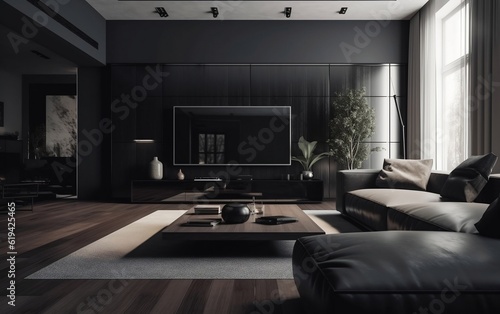 Modern Living Room with Minimalist Style Interior Design. Generative AI © Muhammad