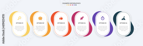 Timeline infographic with infochart. Modern presentation template with 6 spets for business process. Website template on white background for concept modern design. Horizontal layout.
