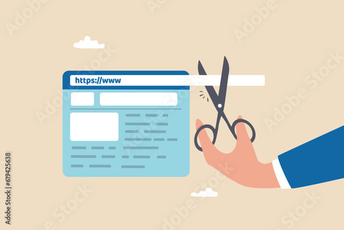 Shorten URL marketing short website address for easy online marketing campaign, hand holding scissor to cut website URL address bar.