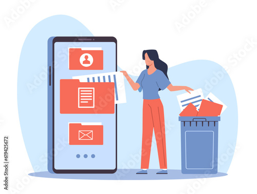 Woman cleaning cell phone from junk files. Delete documents in trash, optimization smartphone memory, woman near garbage bin, cleansing software, cartoon flat isolated vector concept