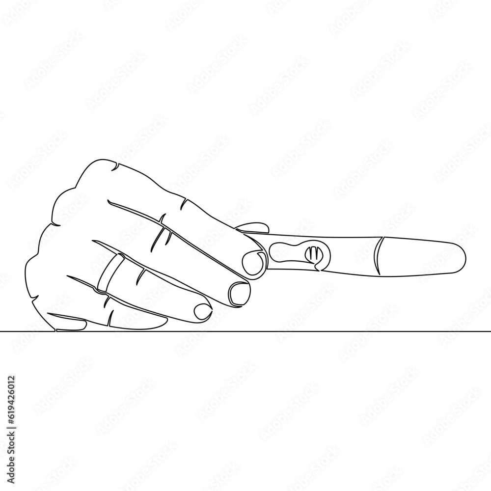 Continuous line drawing hand with a wedding ring shows a positive pregnancy test icon vector illustration concept Continuous line drawing hand with a wedding ring shows a positive pregnancy test icon vector illustration concept