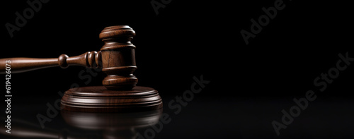 Wooden court gavel on a black background with empty space for insertion.