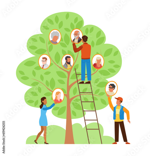 Young girls and boys make up family tree. Man on ladder, woman hold photo. Parent and children portrait. Representation of generations of ancestors. Cartoon flat isolated vector heritage concept