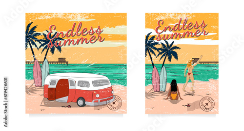 Vector summer illustration cards with girls relaxing on the beach in ocean waves and a surfing car. Retro posters set.