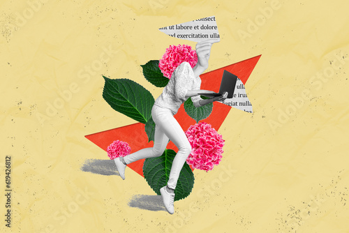 Freak headless woman collage of work hold netbook typing romantic novel writer author running romantic genre isolated on yellow background photo