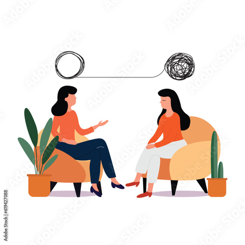 Overcome psychotherapy scene between woman and psychiatrist flat vector illustration.